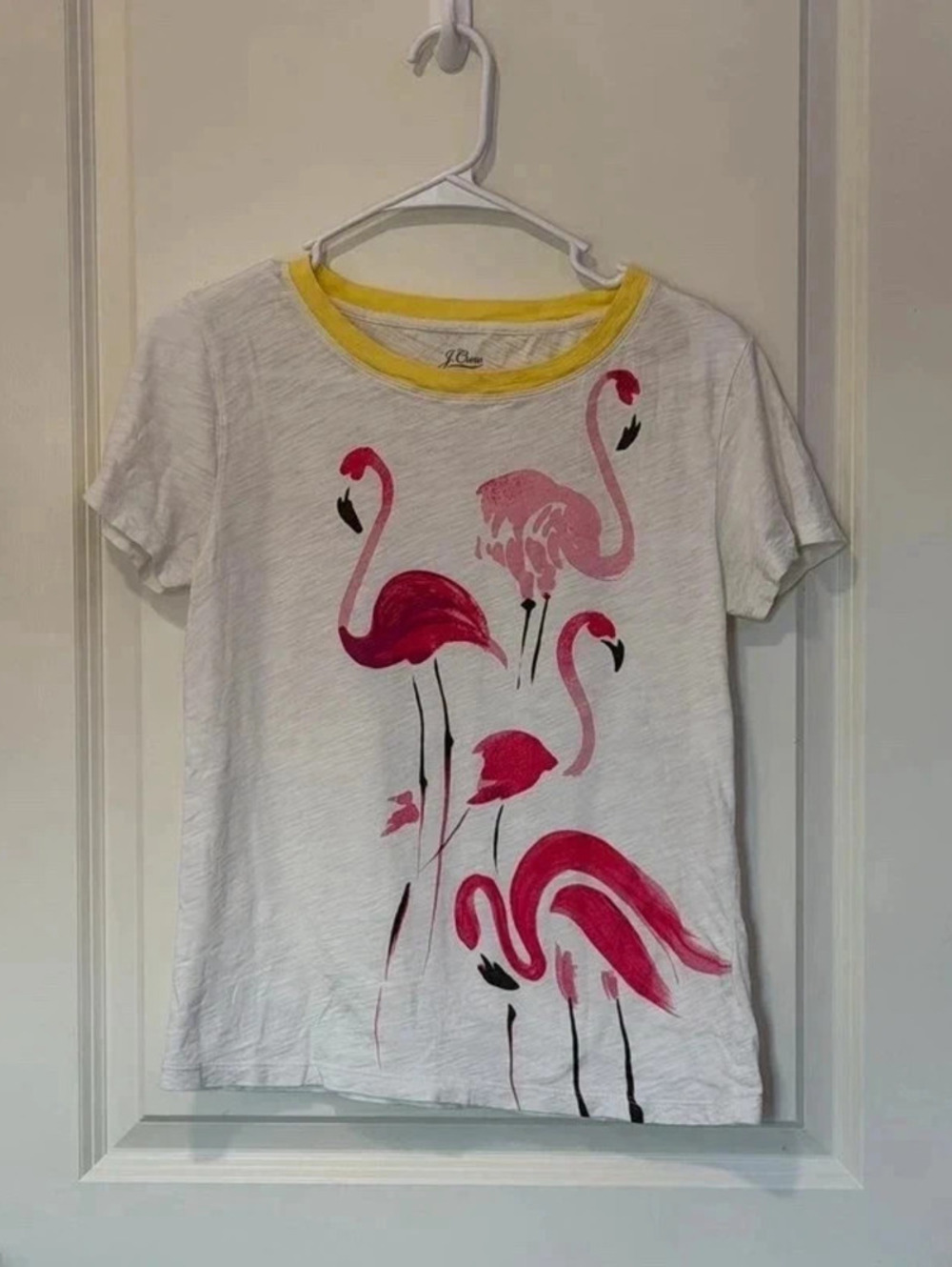 J Crew size S topical pink flamingo t shirt with yellow collar